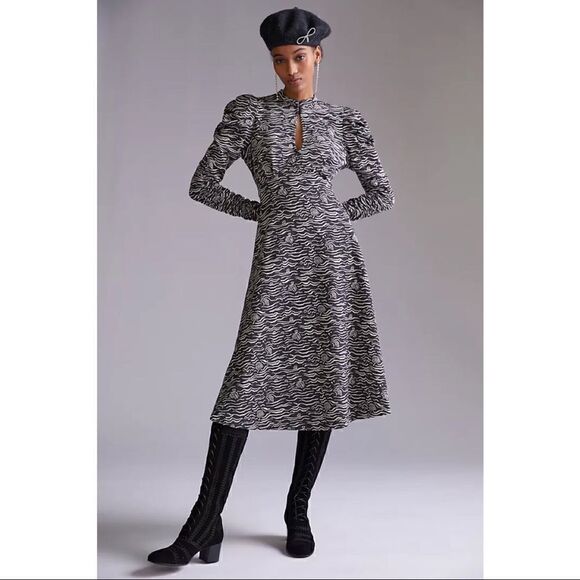NEW Anthropologie Puff-Sleeved Black & White Jacquard Cut-Out Midi Dress X-Small
